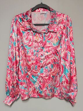 Pink Lily Pink Teal Cream Satin Button Down Blouse
